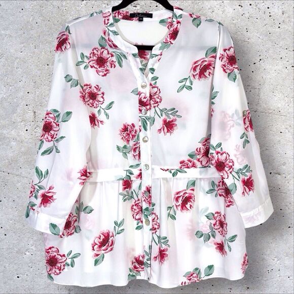 Calessa Tunic Top White Pink Floral Frenzy 2X Roll Tab Sleeves Pockets Button Up - Picture 1 of 9